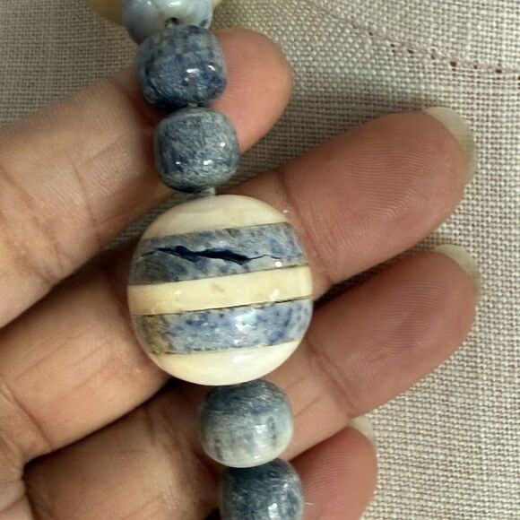 Handcrafted Chunky Ceramic Beaded Necklace – Blue & Cream Statement Jewelry - Picture 4 of 12